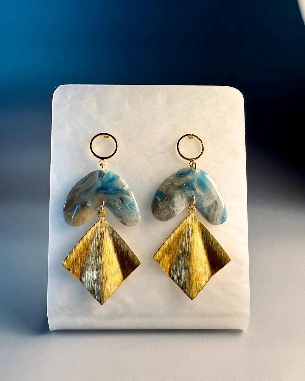 Blue marble polymer clay dangle earrings with gold geometric drop by ToBe – photo 2