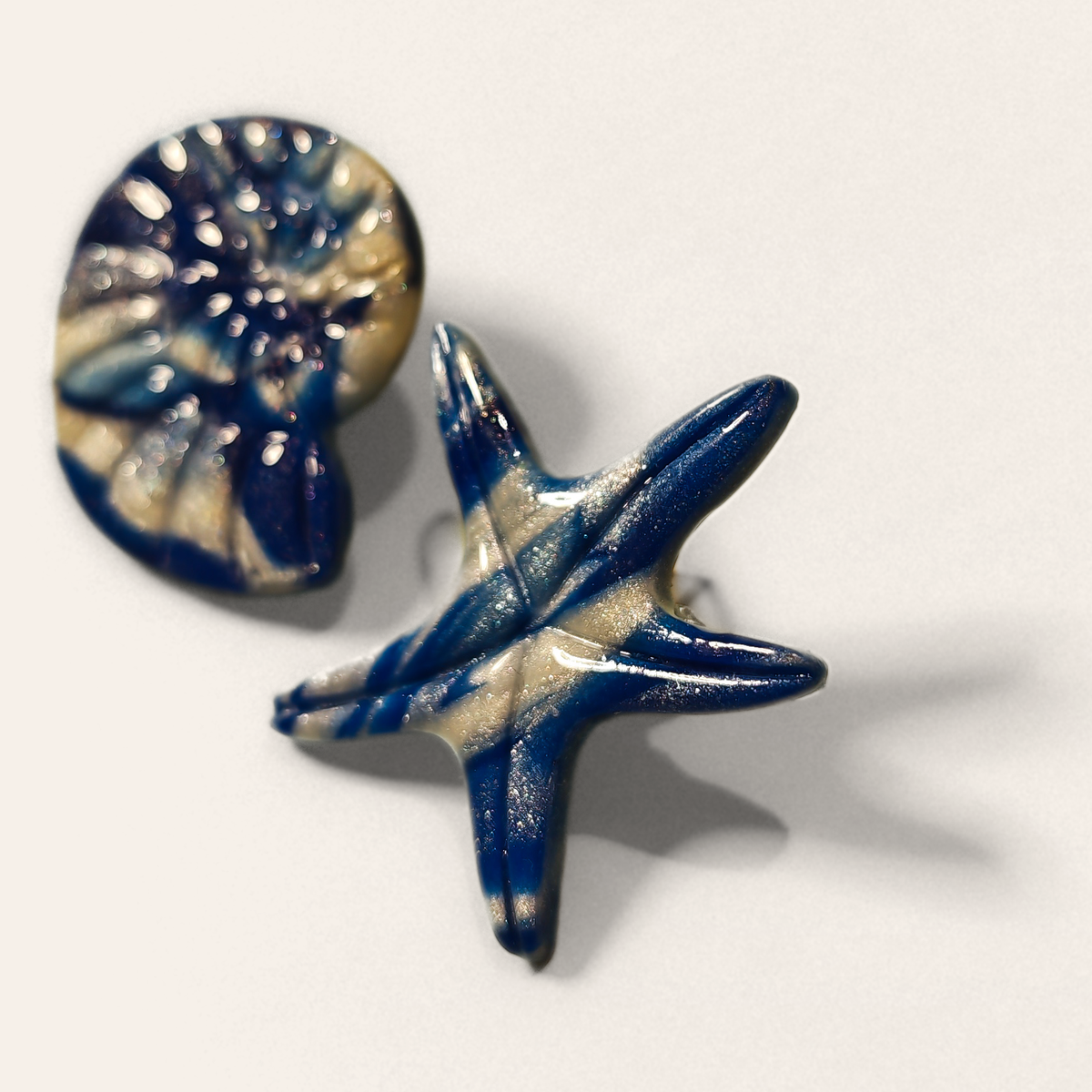 Navy Shell & Starfish Mismatched Stud Earrings, front view