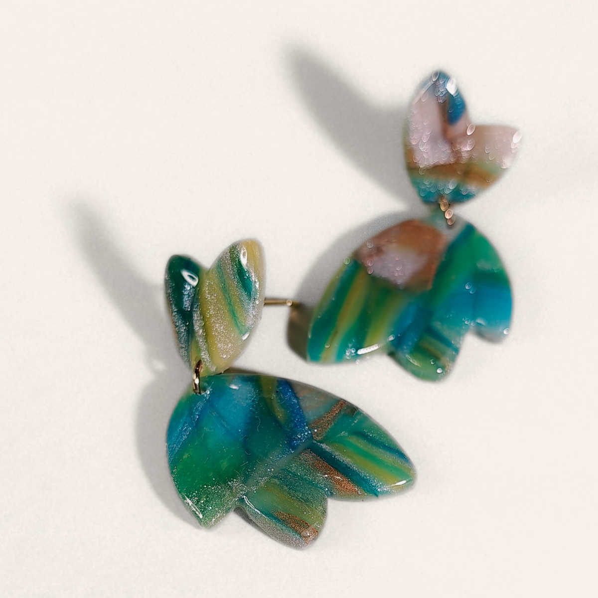 Green & Blue Marble Petal Drop Earrings, front view
