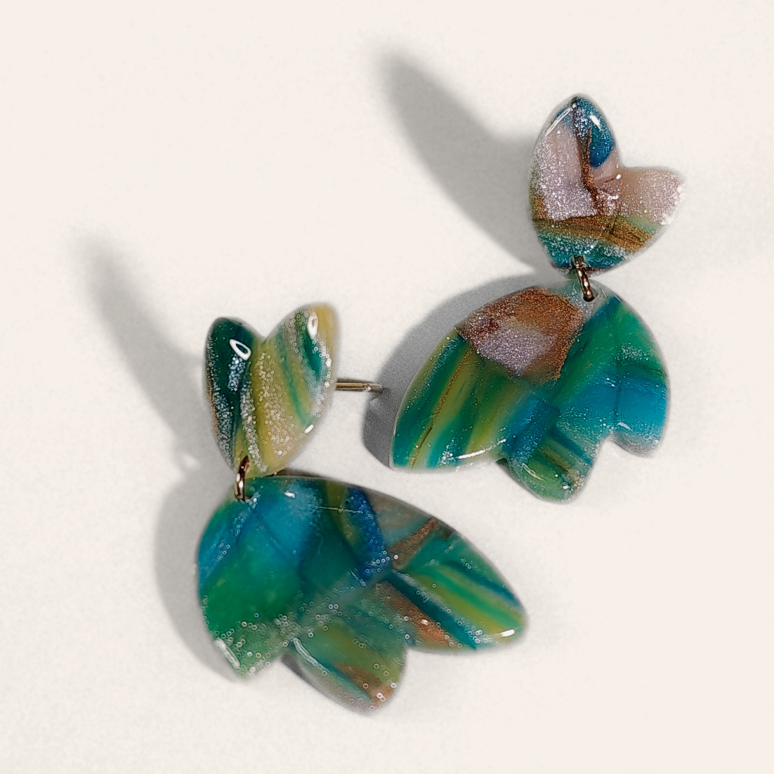 Green & Blue Marble Petal Drop Earrings, close view of the shapes and texture