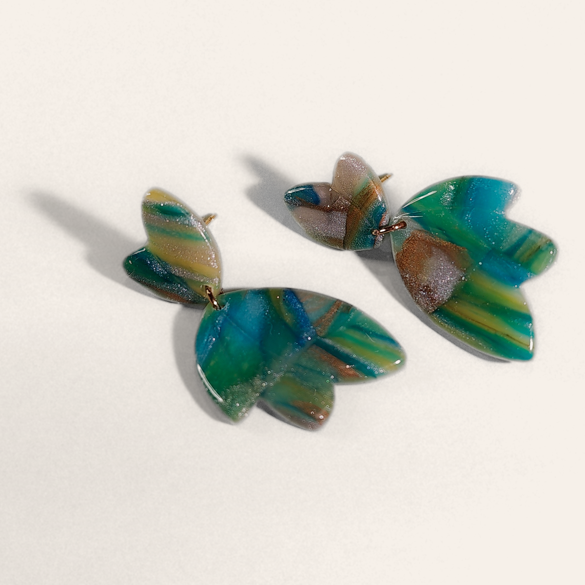 Green & Blue Marble Petal Drop Earrings, close view of the shapes and texture