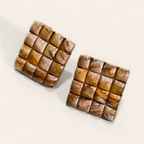 Brown Textured Grid Square Stud Earrings, close view of the shapes and texture
