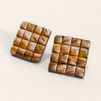 Brown Textured Grid Square Stud Earrings, close view of the shapes and texture