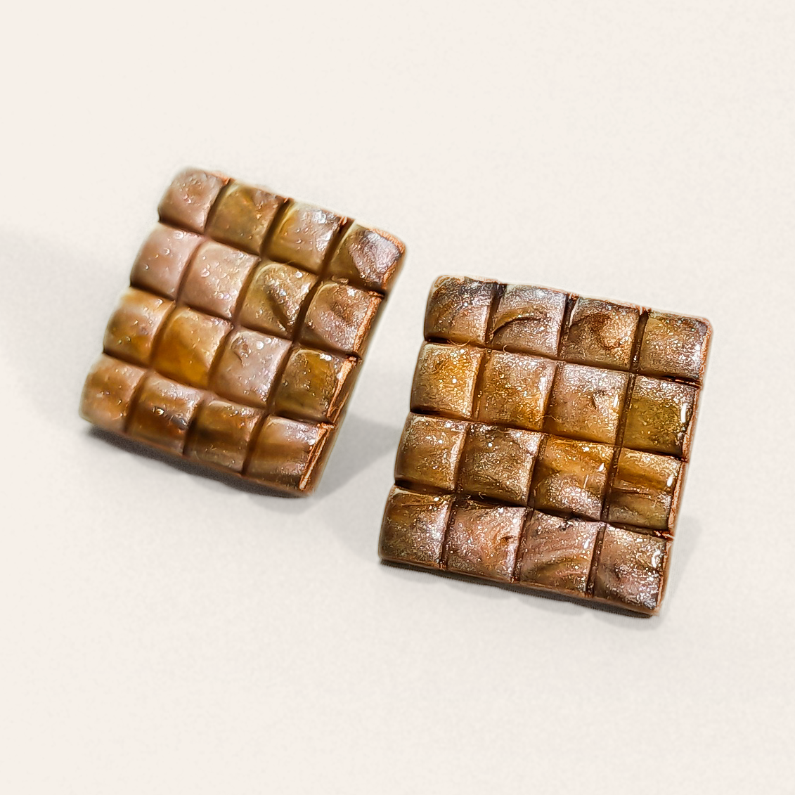 Brown Textured Grid Square Stud Earrings, close view of the shapes and texture