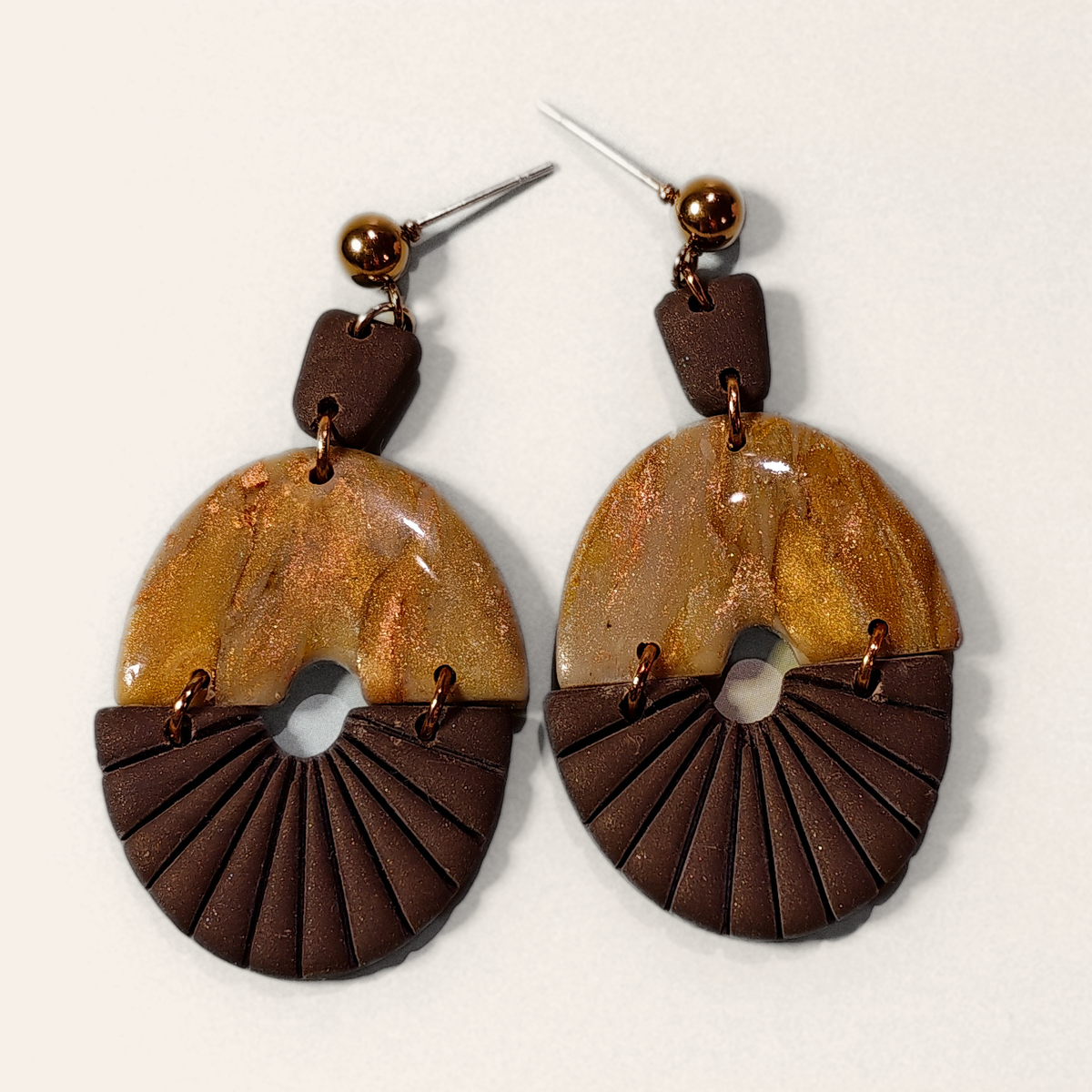Brown & Ochre Textured Oval Drop Earrings, front view