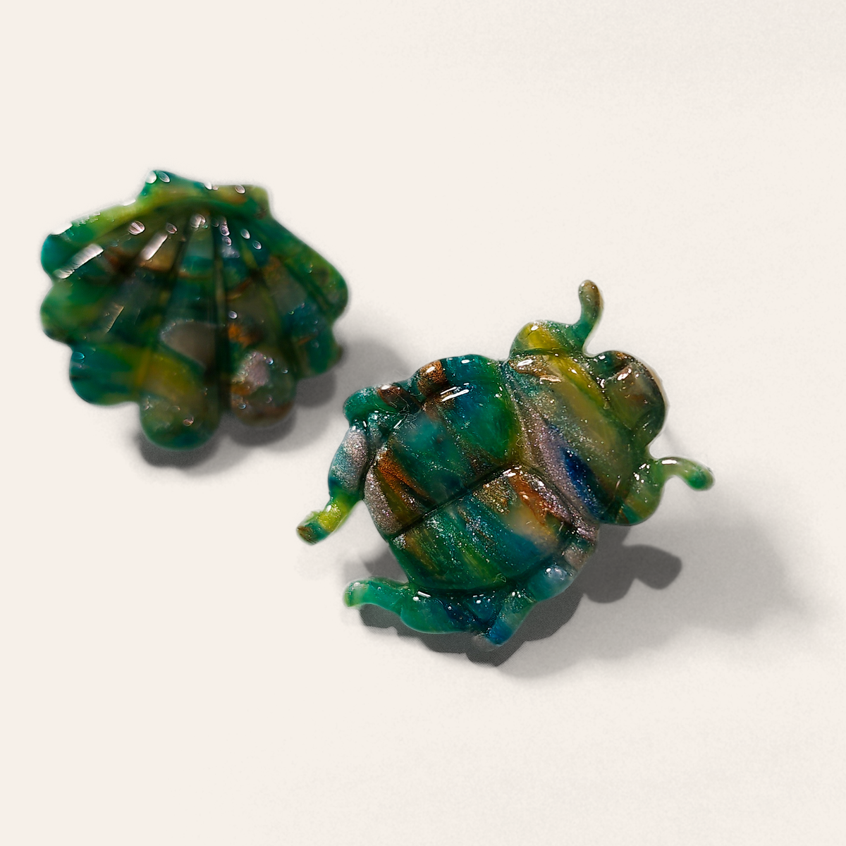 Green Marble Beetle Stud Earrings, front view