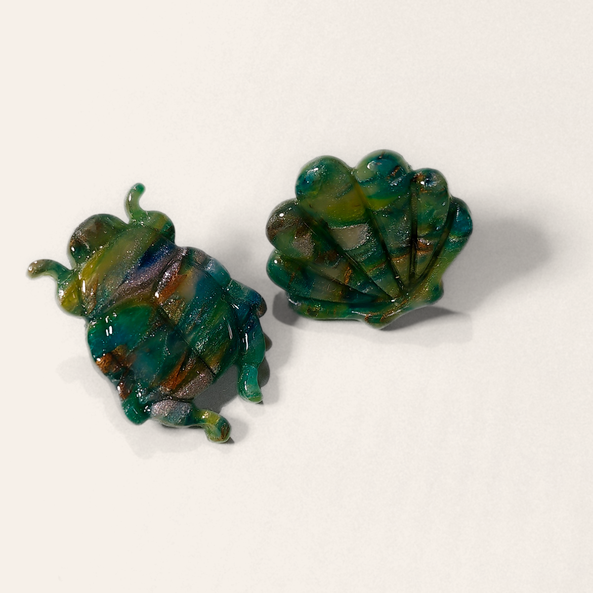 Green Marble Beetle Stud Earrings, close view of the shapes and texture