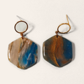 Blue & Taupe Marble Hexagon Drop Earrings, front view