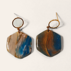 Blue & Taupe Marble Hexagon Drop Earrings, front view