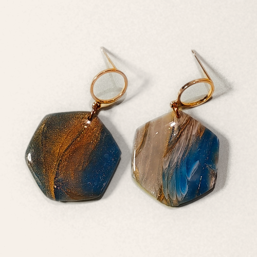 Blue & Taupe Marble Hexagon Drop Earrings, close view of the shapes and texture