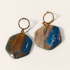 Blue & Taupe Marble Hexagon Drop Earrings, angled view showing the pattern