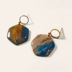 Blue & Taupe Marble Hexagon Drop Earrings, close view of the shapes and texture