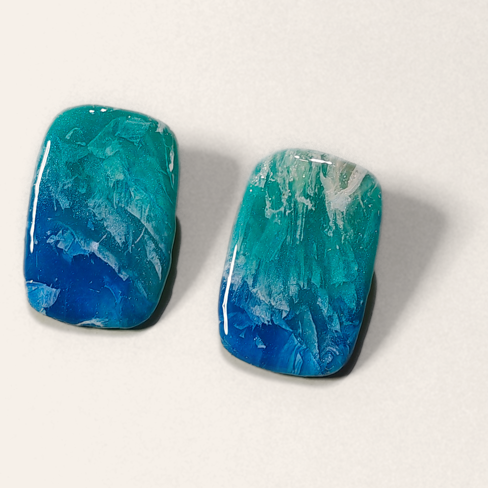 Teal & Blue Marble Rectangle Stud Earrings, close view of the shapes and texture