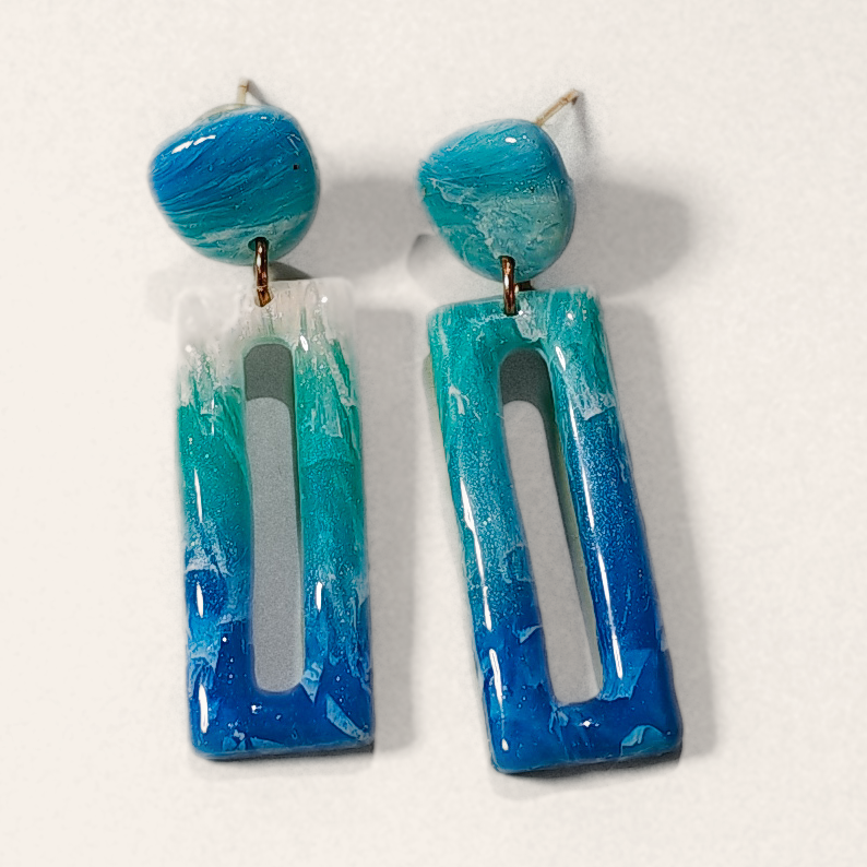 Blue & Turquoise Cut-Out Rectangle Drop Earrings, front view