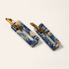Blue & White Marble Rectangle Hoop Earrings, close view of the shapes and texture