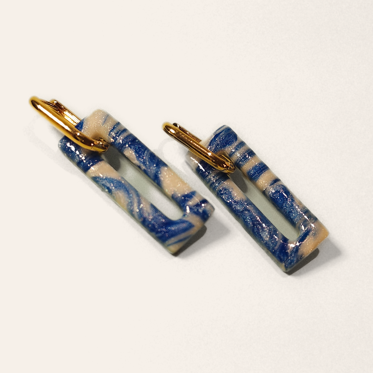 Blue & White Marble Rectangle Hoop Earrings, close view of the shapes and texture