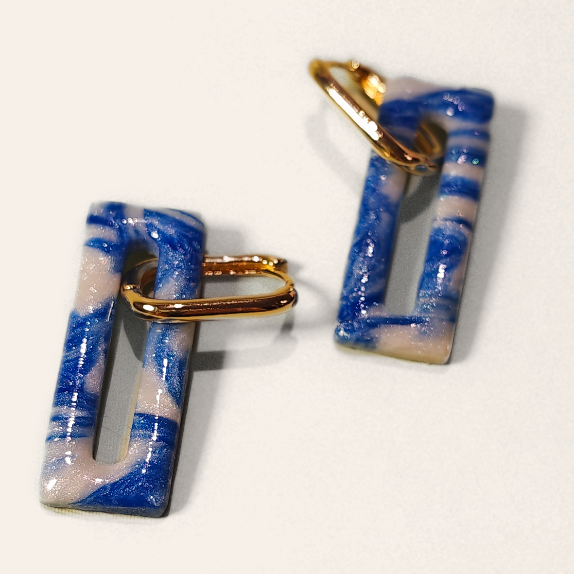 Blue & White Marble Rectangle Hoop Earrings, close view of the shapes and texture