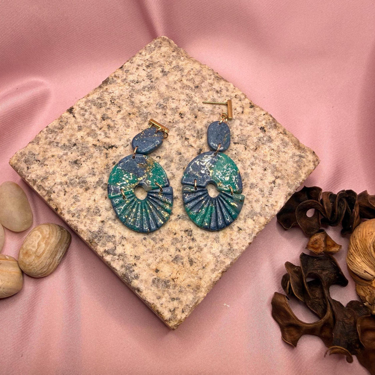 Blue and green marble polymer clay stud earrings by ToBe – photo 2
