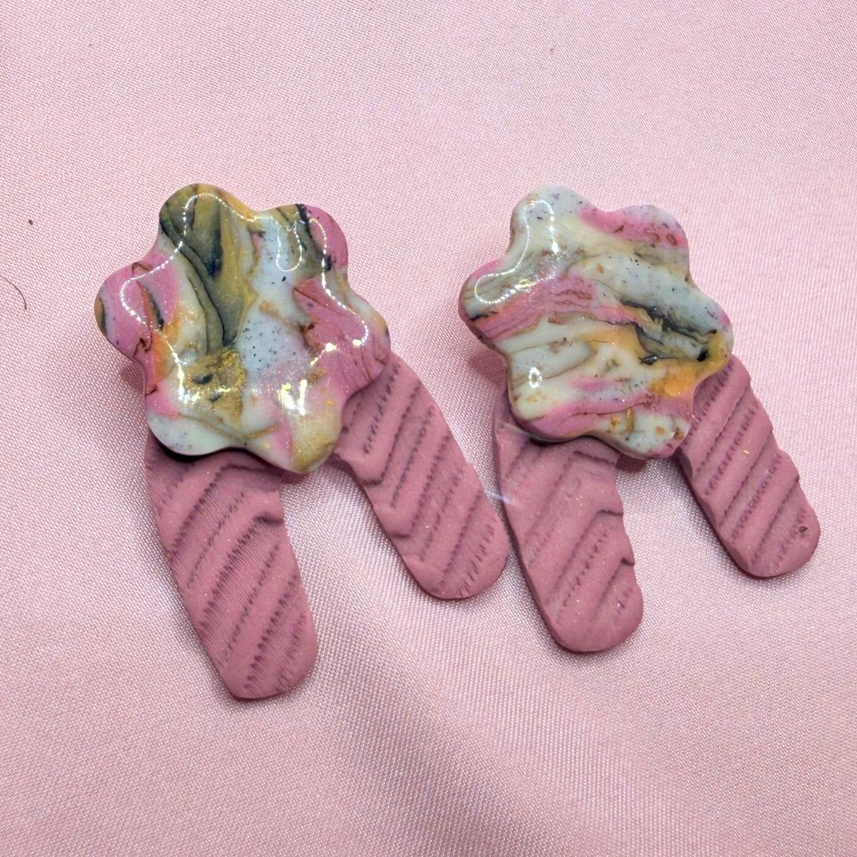 Pink marble polymer clay statement earrings with textured dusty pink base by ToBe