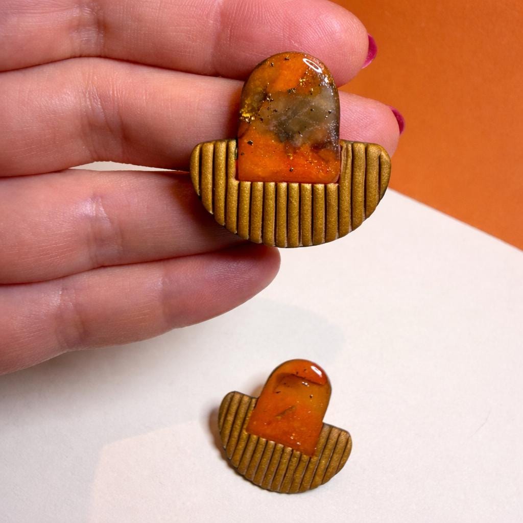 Amber marble polymer clay statement earrings with textured gold base by ToBe – photo 5