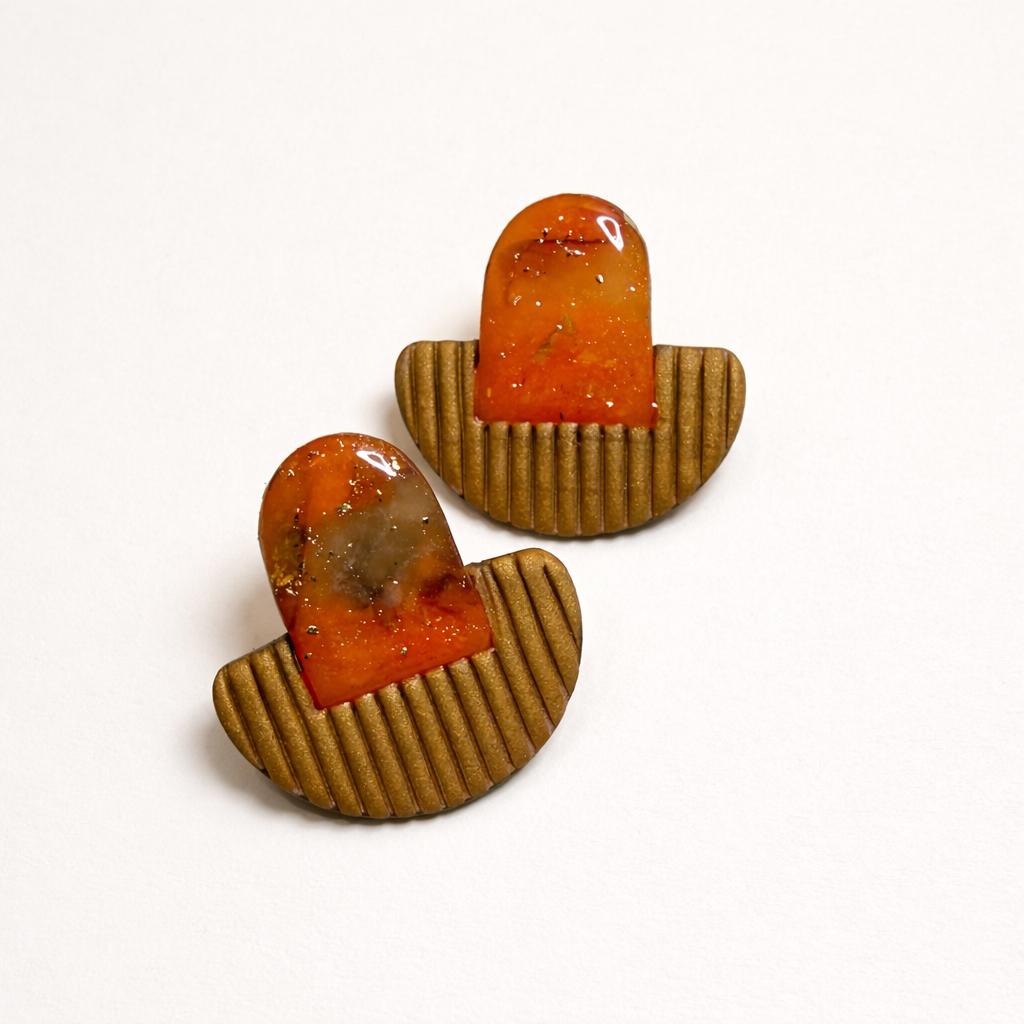 Amber marble polymer clay statement earrings with textured gold base by ToBe