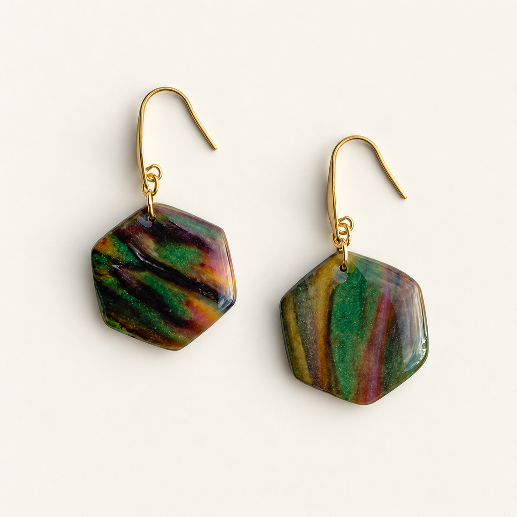 Green Multicolour Marble Hexagon Earrings