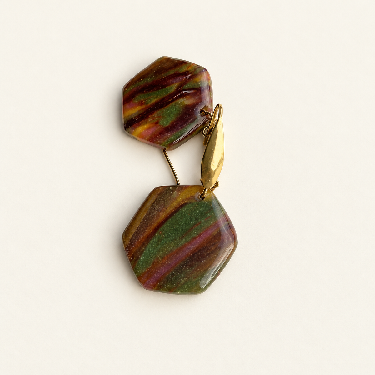 Green Multicolour Marble Hexagon Earrings
