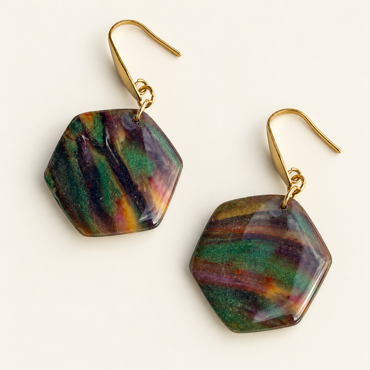Green Multicolour Marble Hexagon Earrings