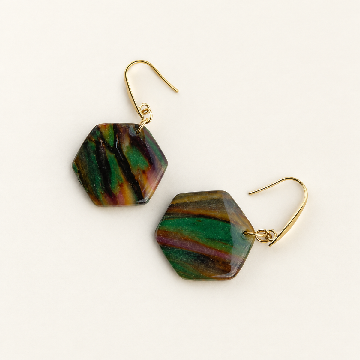 Green Multicolour Marble Hexagon Earrings