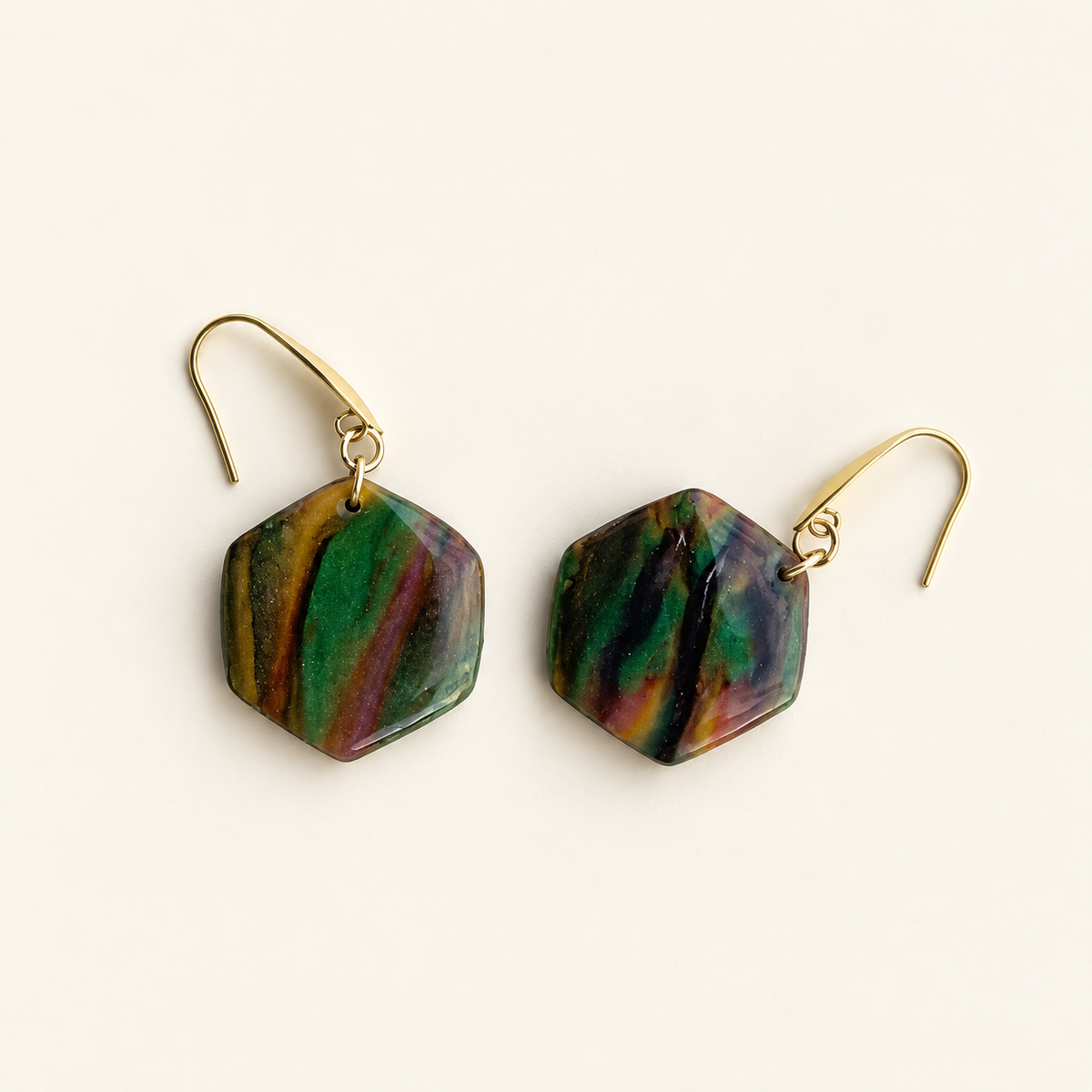 Green Multicolour Marble Hexagon Earrings