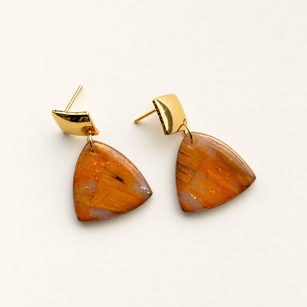 Orange Marble Triangle Drop Earrings