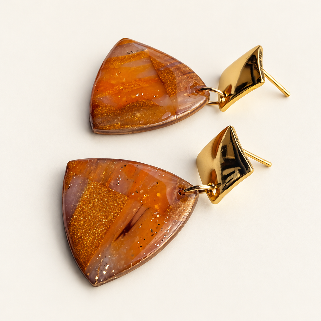 Orange Marble Triangle Drop Earrings