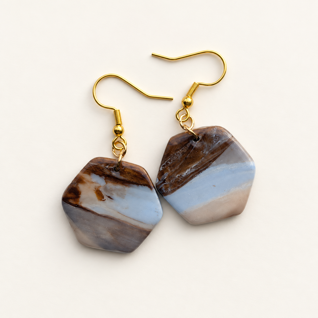 Blue & Brown Marble Hexagon Earrings