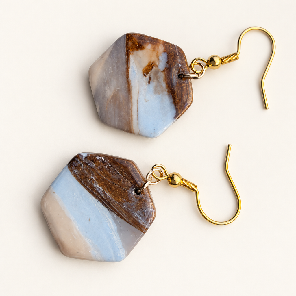 Blue & Brown Marble Hexagon Earrings