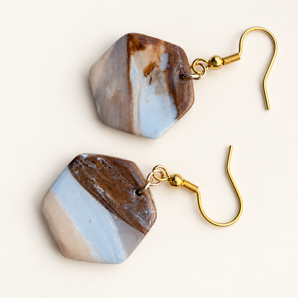 Blue & Brown Marble Hexagon Earrings