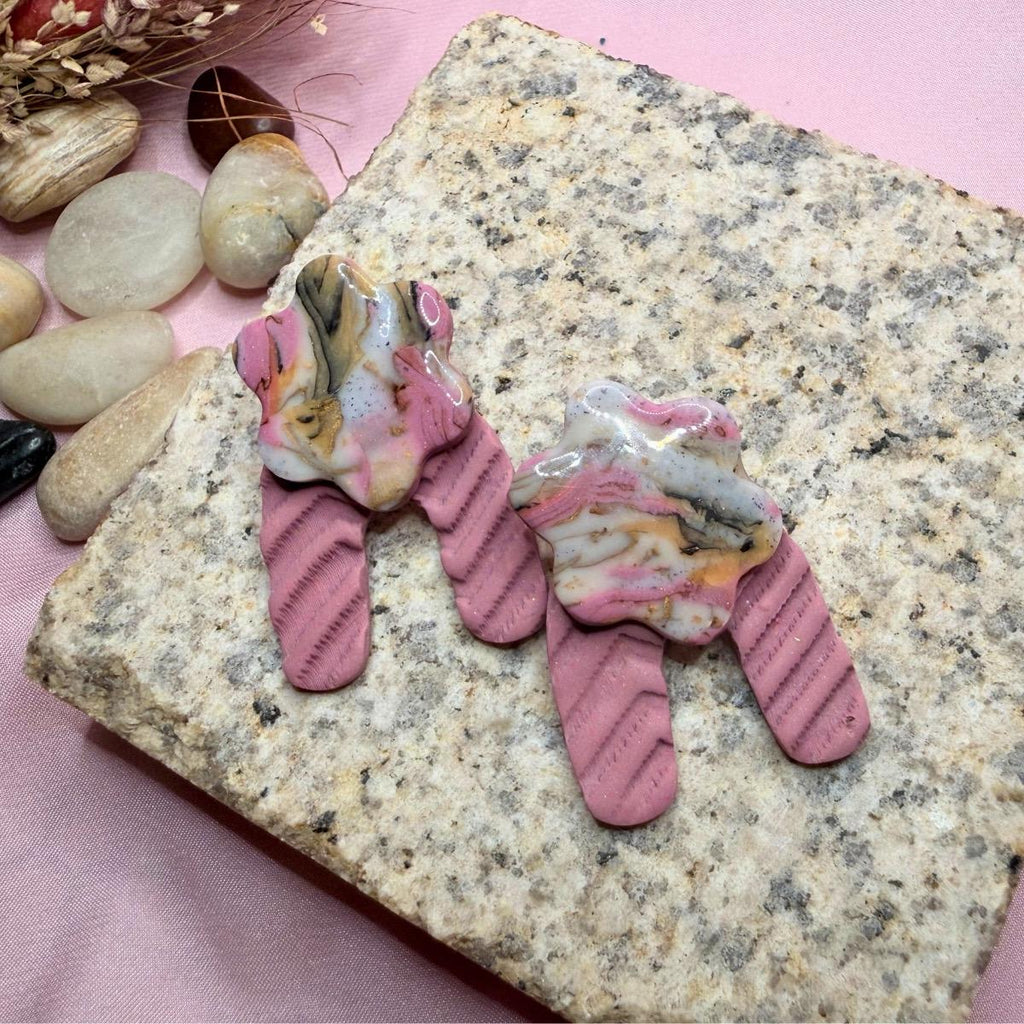 Pink marble polymer clay statement earrings with textured dusty pink base by ToBe – photo 4