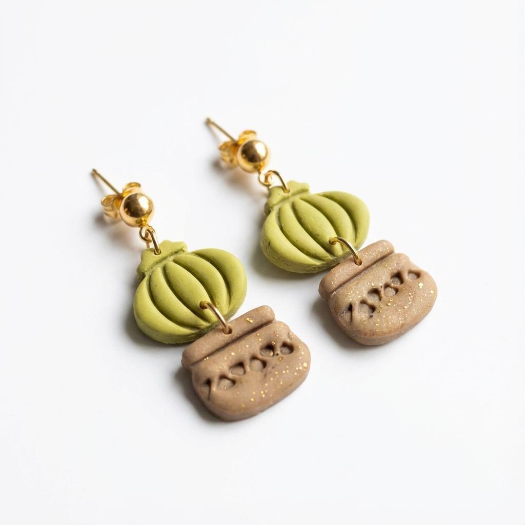 Green polymer clay cactus dangle earrings with gold-tone hardware by ToBe
