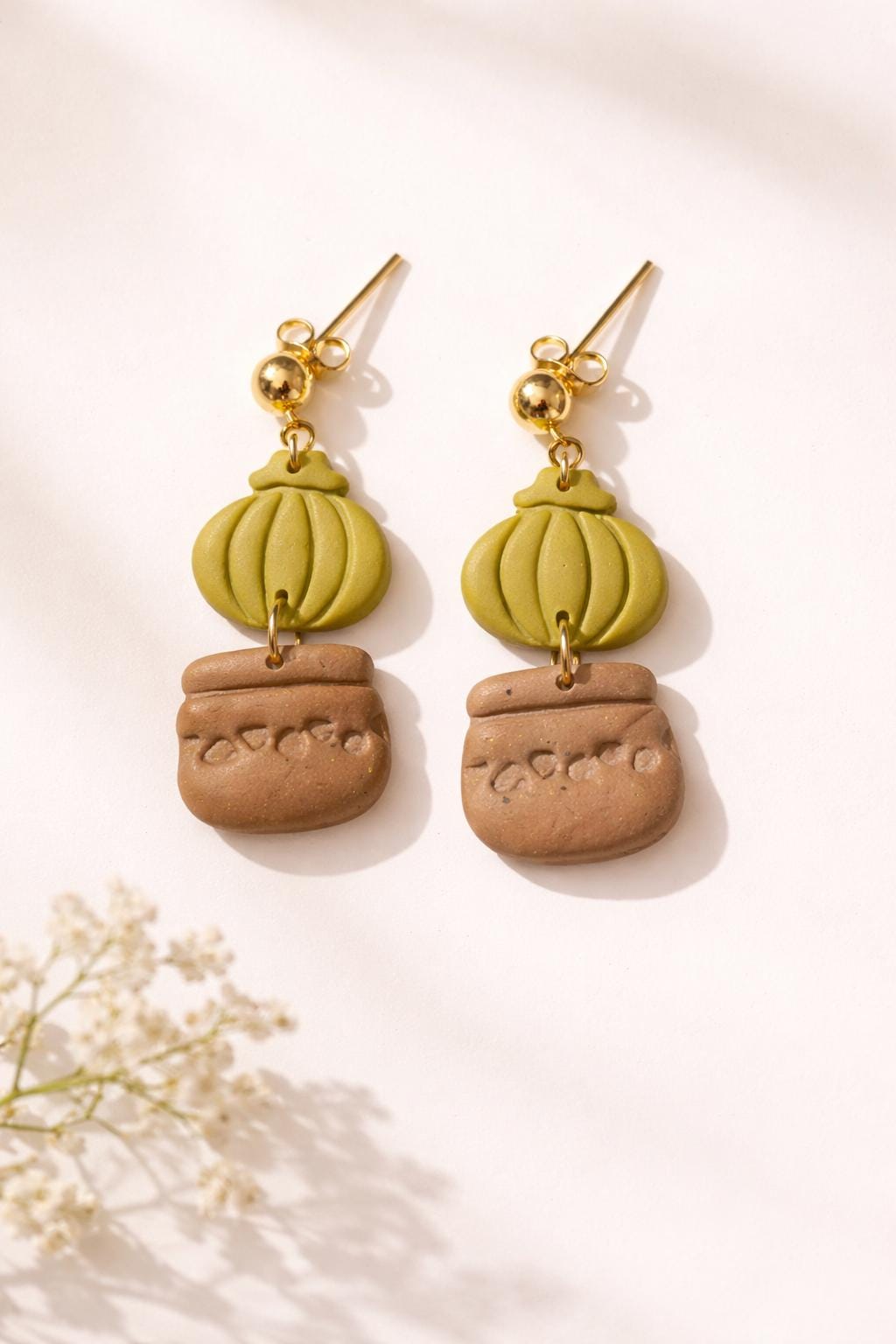 Green polymer clay cactus dangle earrings with gold-tone hardware by ToBe – photo 2