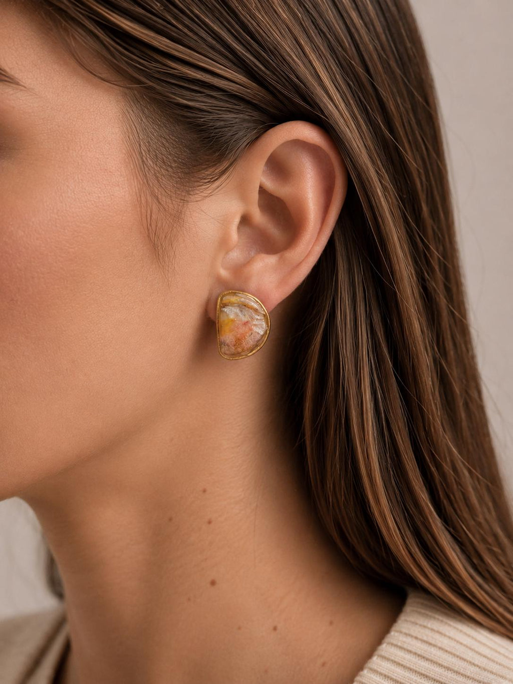 Blush pink marble polymer clay stud earrings with gold trim by ToBe – photo 4